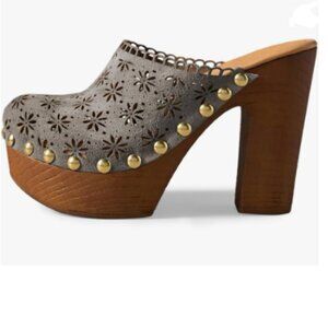 FOWT Grey Studded Round Toe Floral Cut Out Backless Platform Chunky Heel Mules